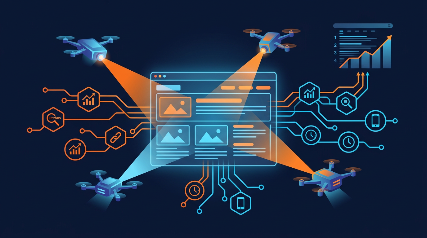 AI web crawlers analyzing website SEO signals with interconnected data nodes on dark background