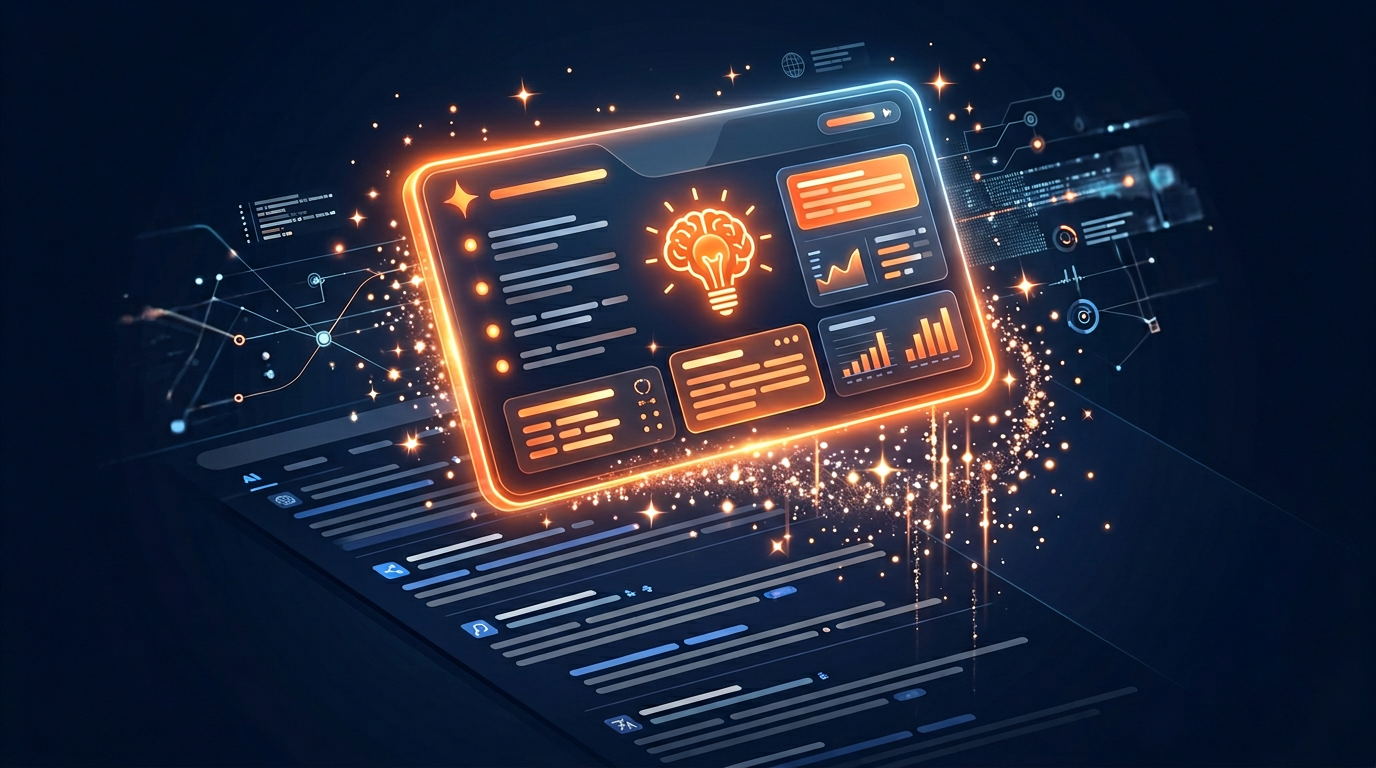 Google AI Overviews glowing summary panel floating above traditional search results on dark background