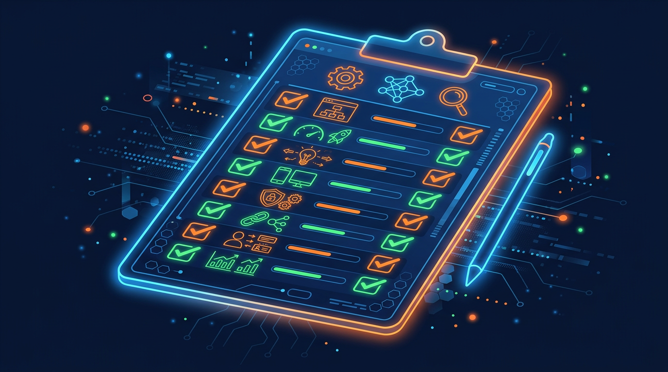 AI SEO audit checklist on futuristic holographic clipboard with optimization metrics on dark background