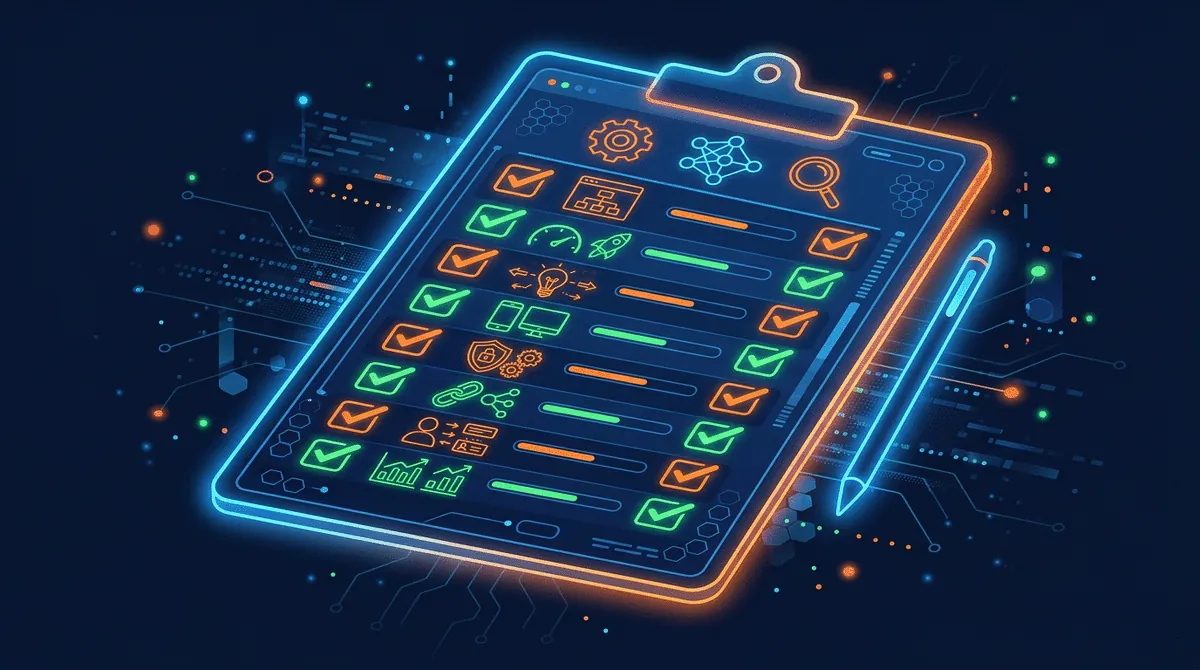 AI SEO audit checklist on futuristic holographic clipboard with optimization metrics on dark background