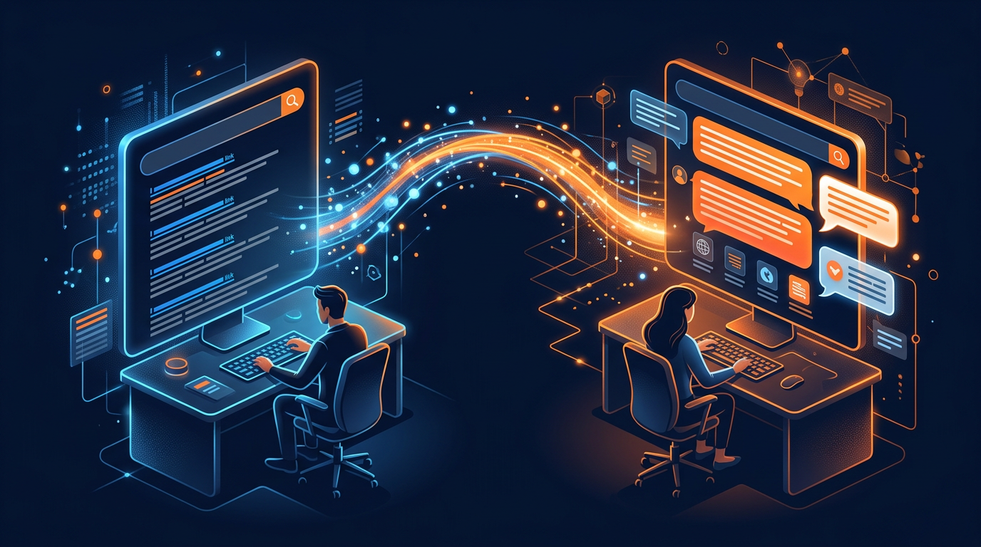 AI SEO vs Traditional SEO comparison with split-screen showing traditional search links and AI conversational answers