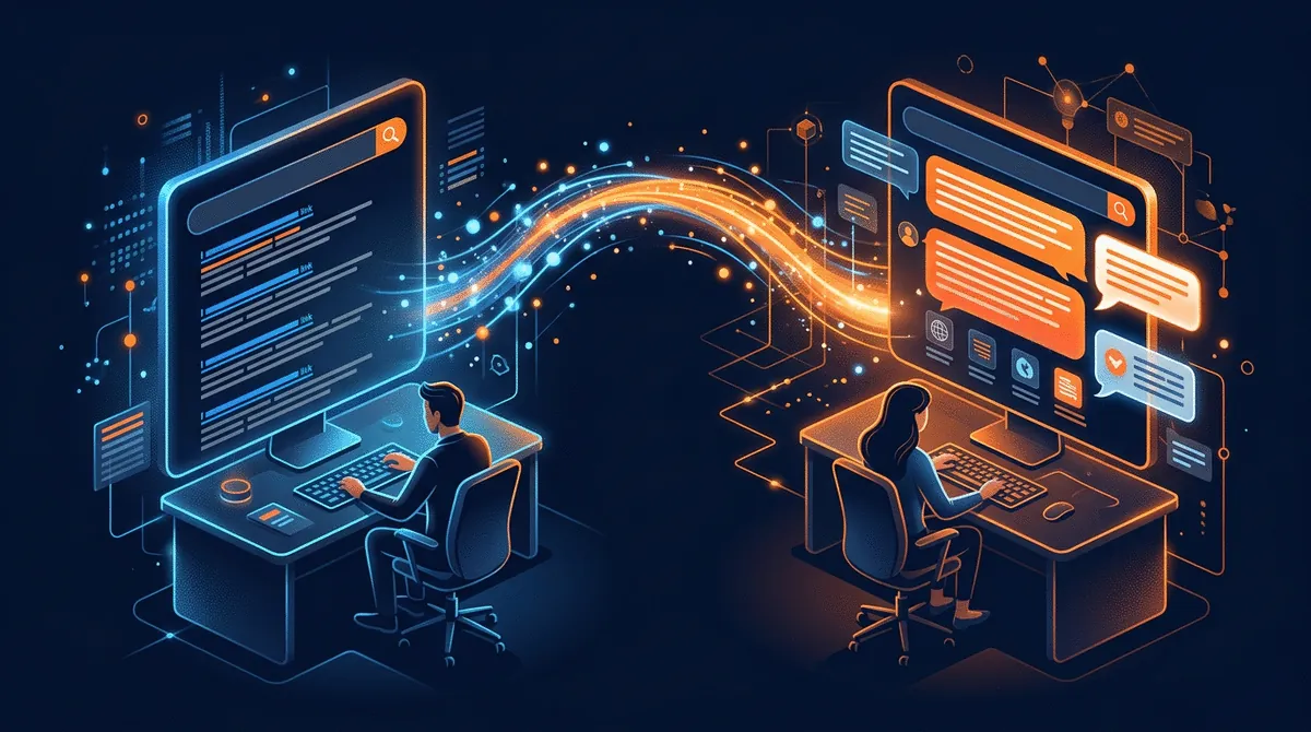 AI SEO vs Traditional SEO comparison with split-screen showing traditional search links and AI conversational answers