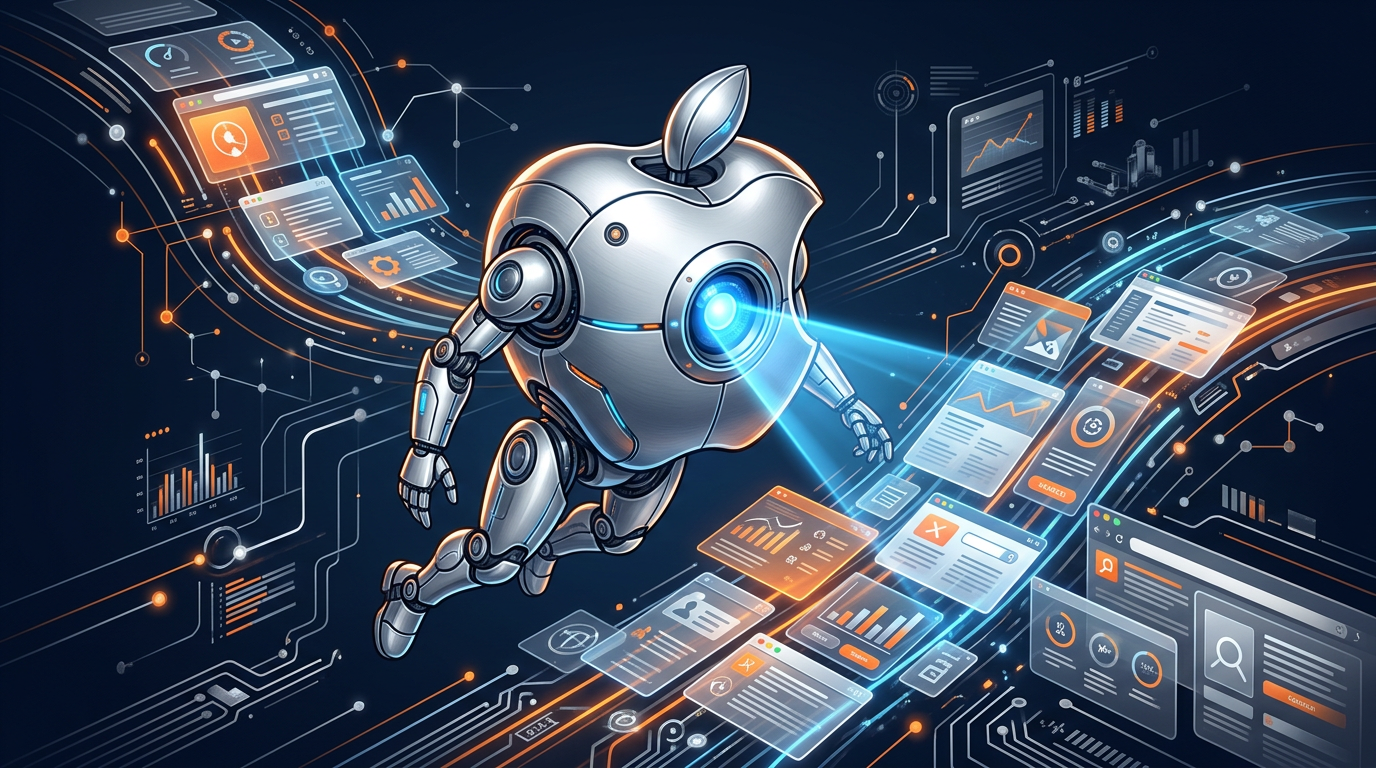 Silver Apple-style AI robot system scanning web pages for Apple Intelligence training on dark background