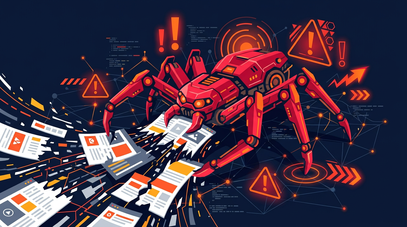 Aggressive red spider robot crawling and consuming web pages on dark navy background