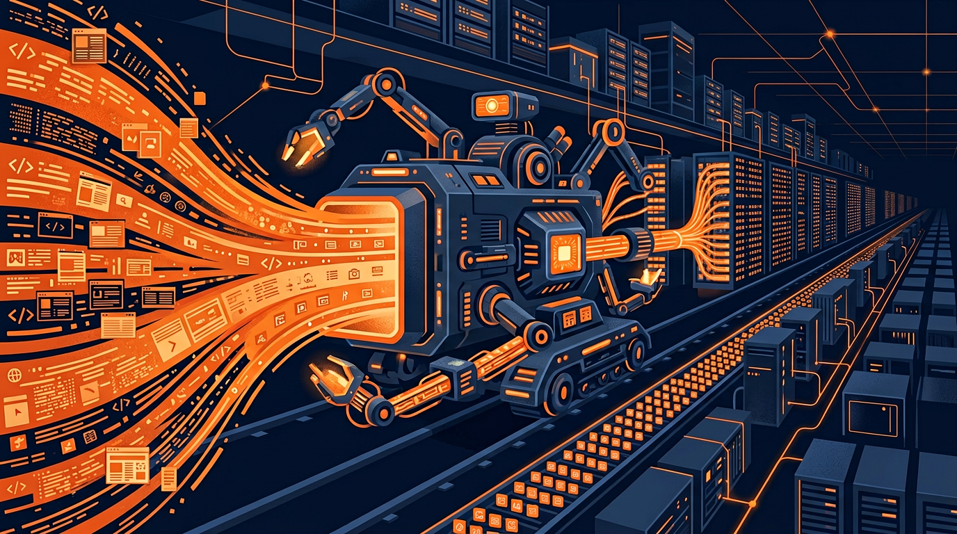 Large data collection robot systematically indexing web pages into a data warehouse on dark background