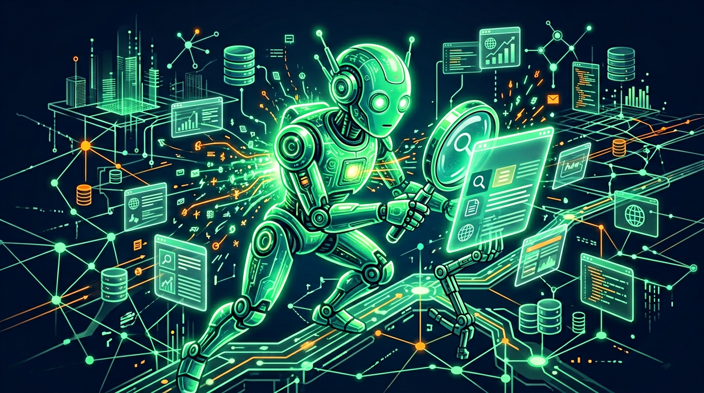 Green glowing search robot browsing the web in real-time for ChatGPT search queries on dark background