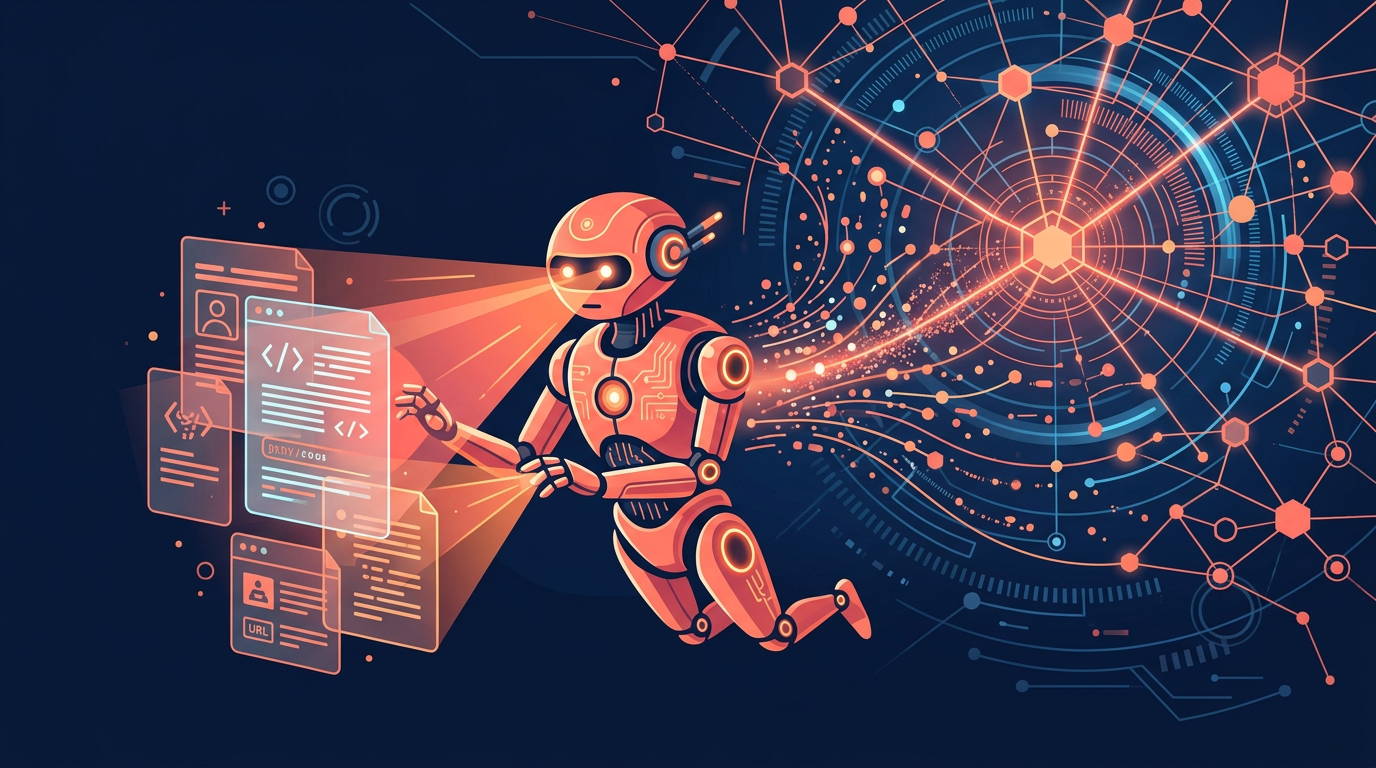 Cohere AI crawler as a coral-colored robot scanning web documents with neural network patterns on dark background