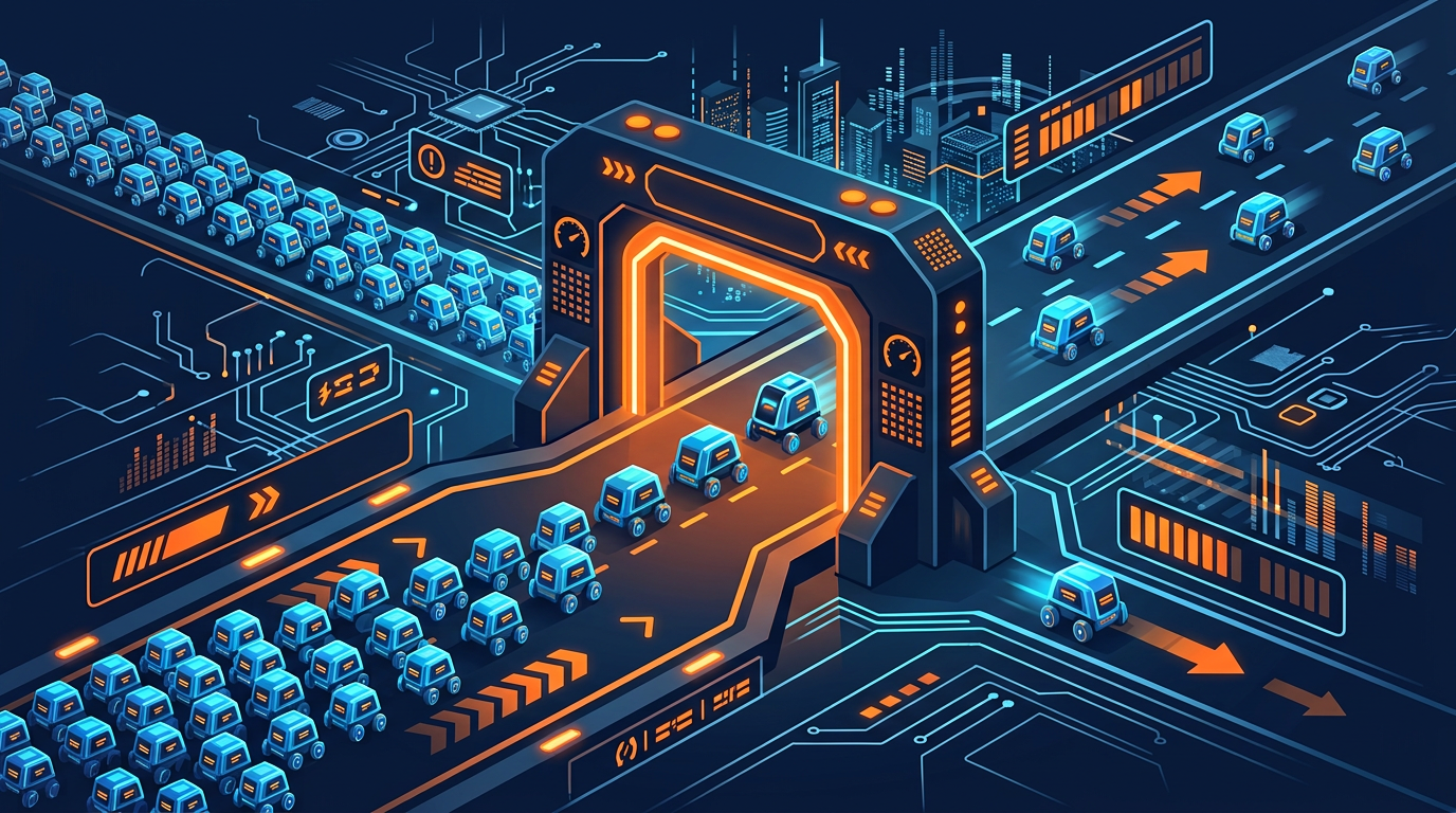 Traffic speed control system with AI bots queuing at a rate-limited gateway on dark background