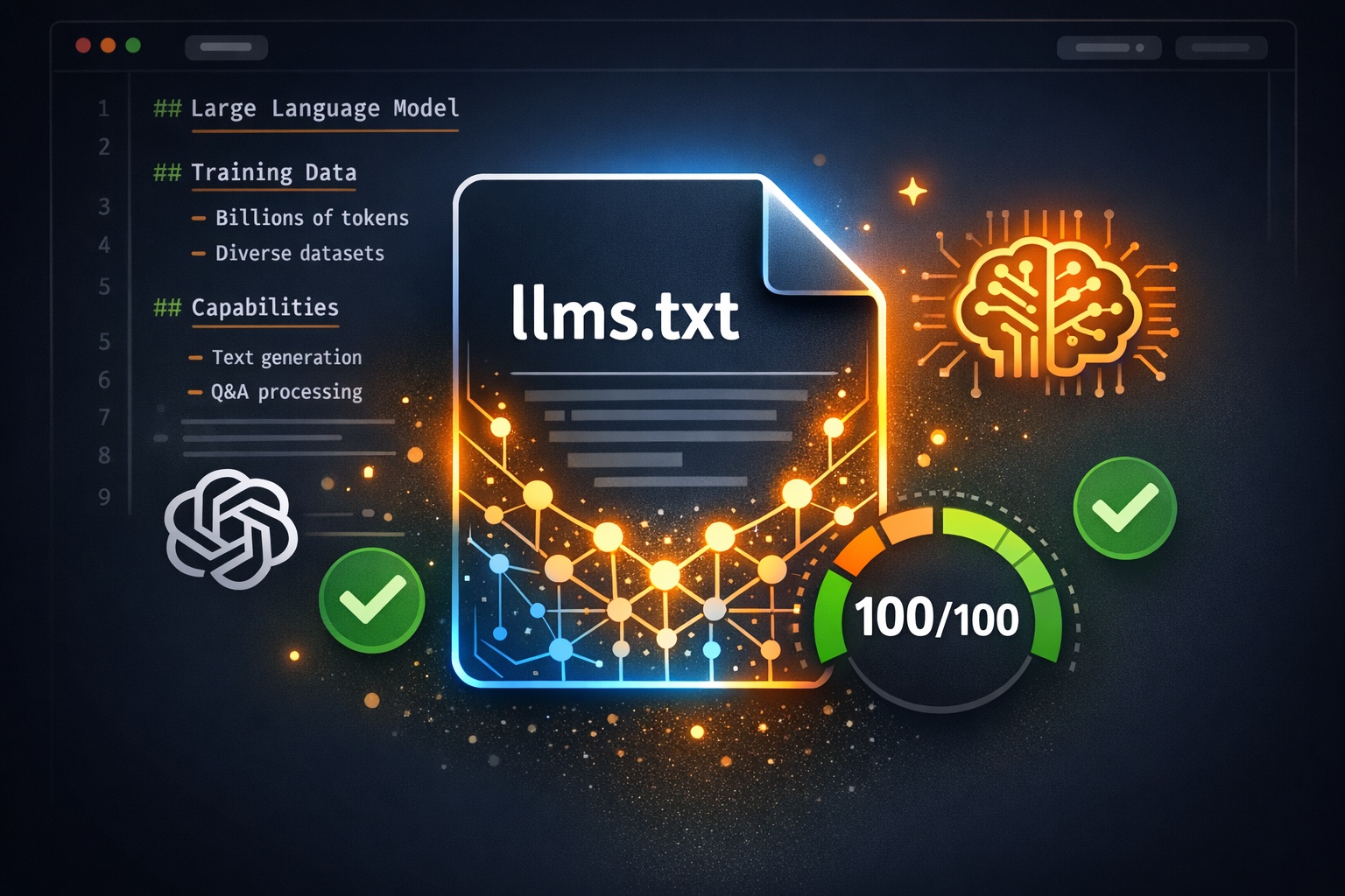 llms.txt file icon with code editor showing structured AI-readable content on dark developer-themed background