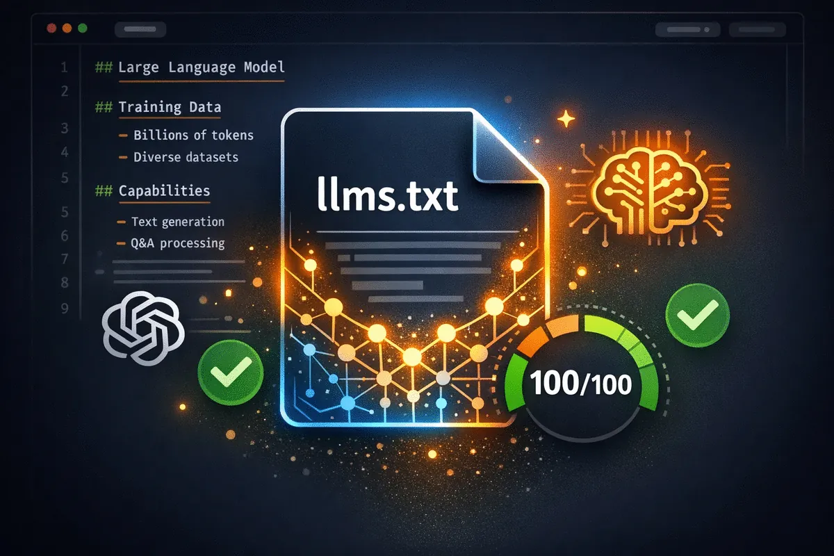 llms.txt file icon with code editor showing structured AI-readable content on dark developer-themed background