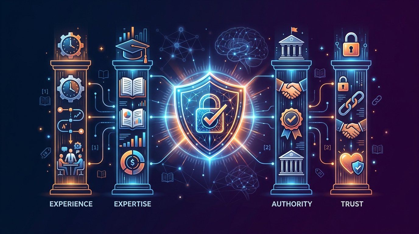 E-E-A-T framework visualization with Experience, Expertise, Authority, and Trust pillars glowing on dark futuristic background