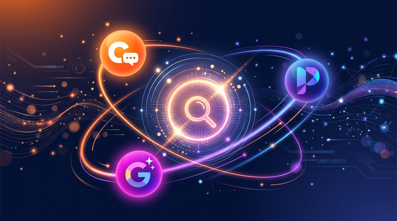 Futuristic AI search interface with AI engine orbs orbiting a central search query on dark background