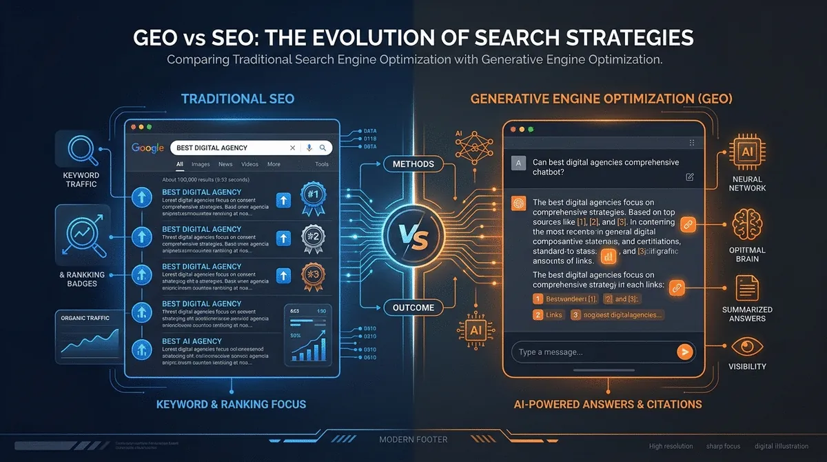 Split comparison showing SEO with traditional search results on the left and GEO with AI-generated answers on the right, on dark futuristic background