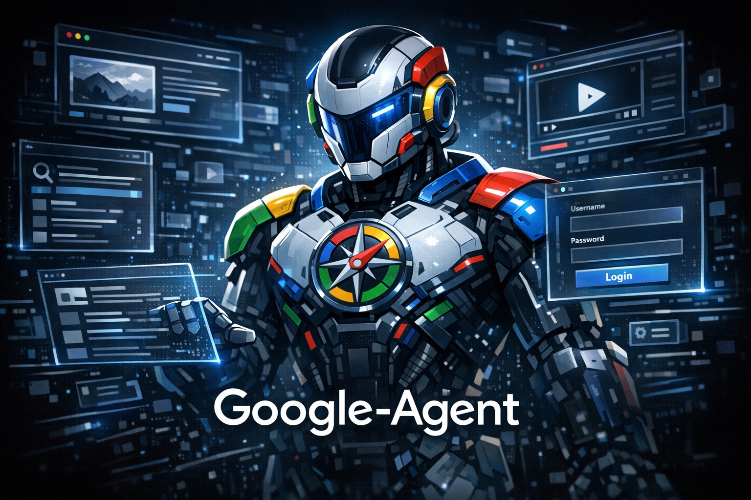 Google-Agent AI bot represented as a robotic navigator browsing websites autonomously with Google branding on dark futuristic background