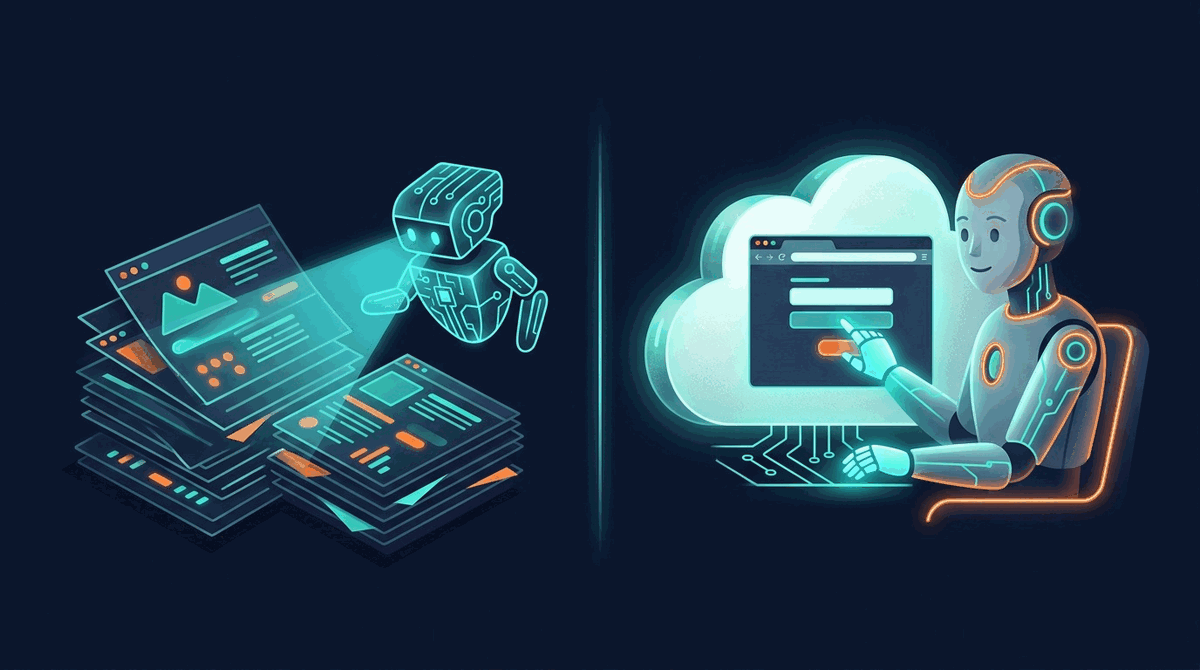 Grok Bot vs GrokBot: on the left a crawler robot scans stacks of web pages, on the right an AI agent fills in a form inside a cloud browser