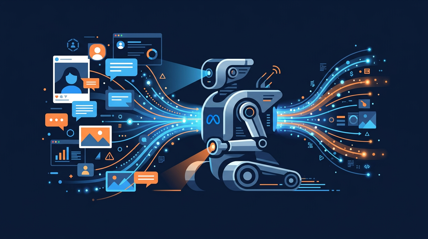 Meta AI crawler robot with infinity logo scanning web content on dark background