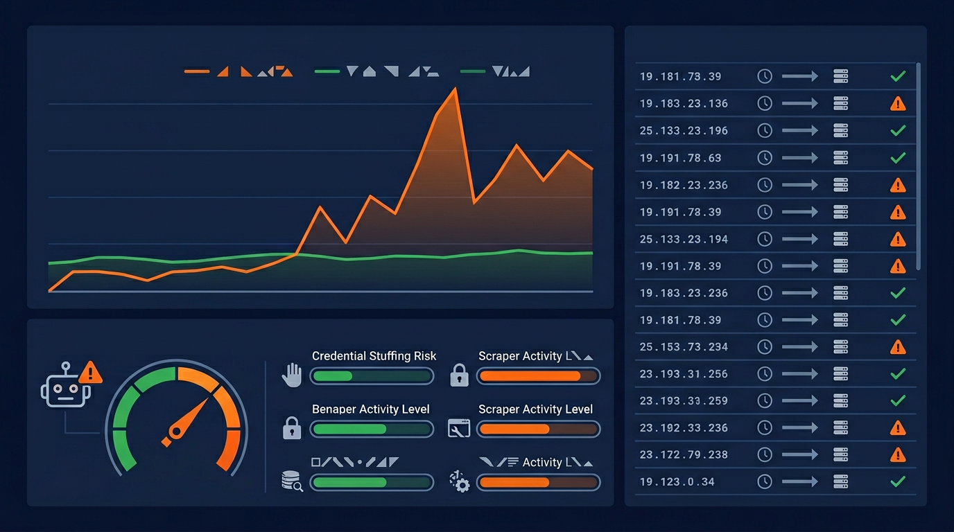 Analytics dashboard monitoring AI bot traffic with graphs and bot detection meters on dark background