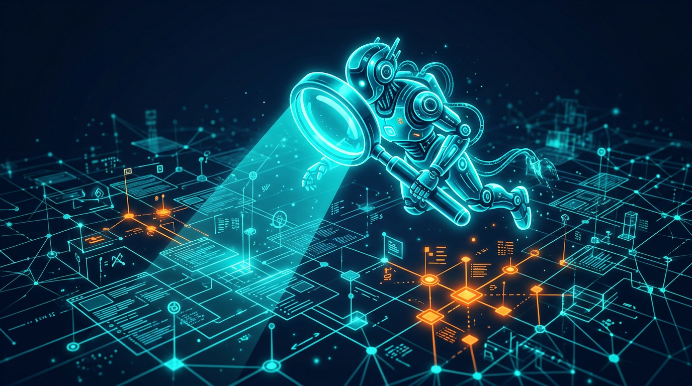 PerplexityBot AI crawler scanning web pages with teal-blue magnifying glass on dark background