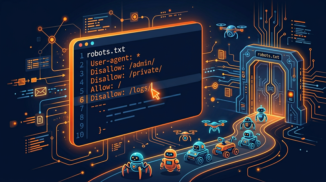Glowing code editor with robots.txt file being created for AI bot control on dark background