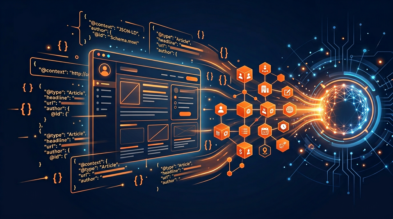 Structured data code blocks floating around a glowing website with AI understanding connections on dark background