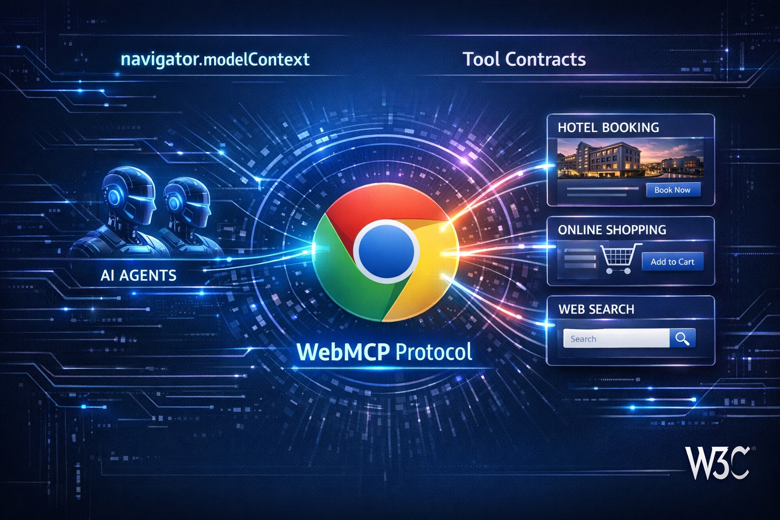 WebMCP protocol diagram showing AI agents connecting to websites through structured tool contracts with Chrome browser and W3C logo on dark tech background