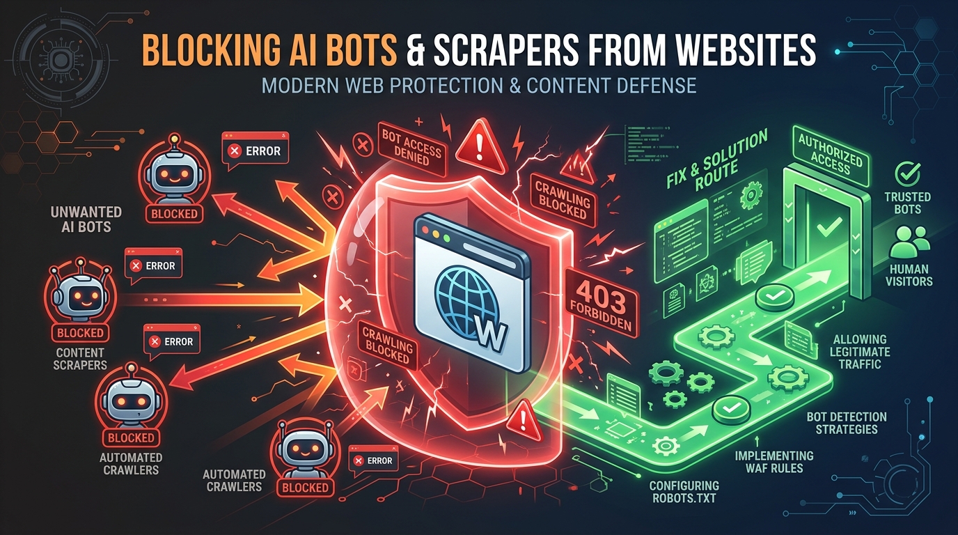 Robot standing in front of a locked gate with a stop sign, representing AI bots being blocked from accessing a website, on dark tech background
