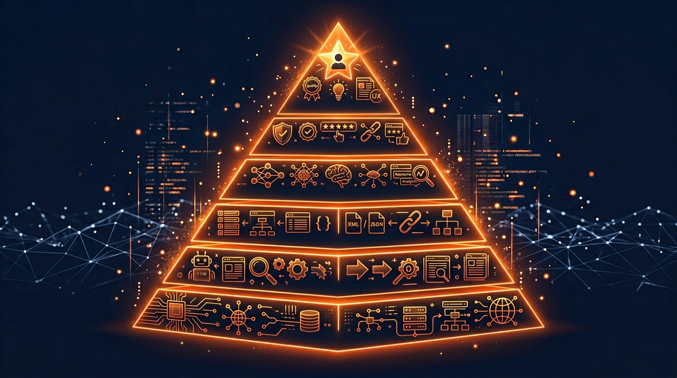 AI search optimization pyramid showing layers from technical foundation to content quality