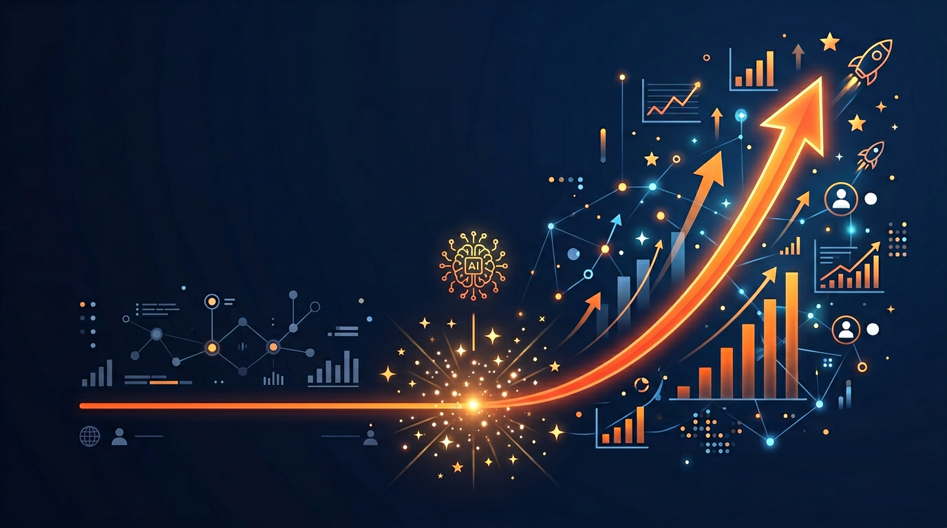 Website traffic graph showing growth curve after AI optimization with sparkle effects