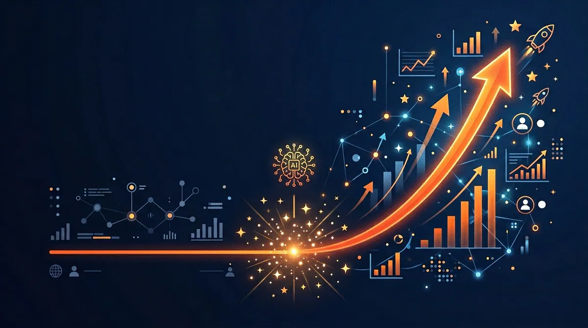 Website traffic graph showing growth curve after AI optimization with sparkle effects