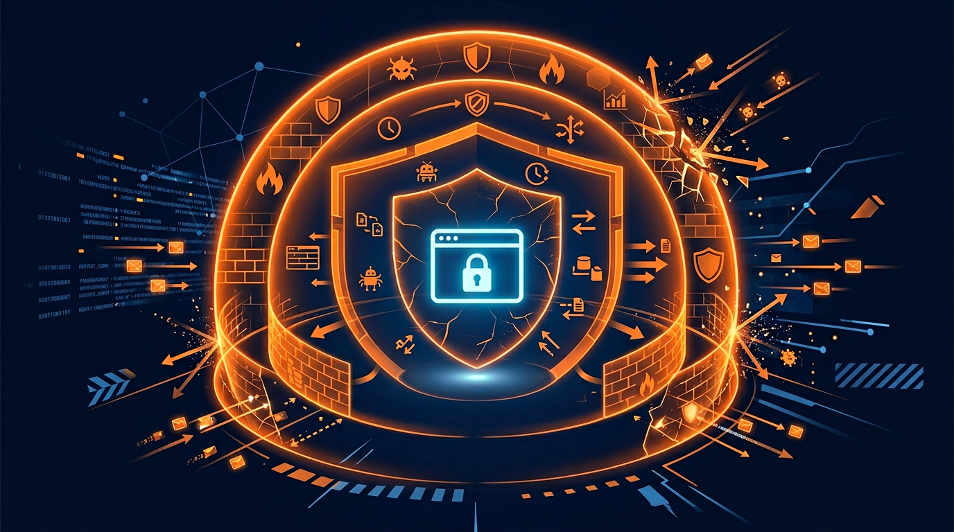 Multiple defense layers including firewall, rate limiting, robots.txt, and WAF as concentric shields