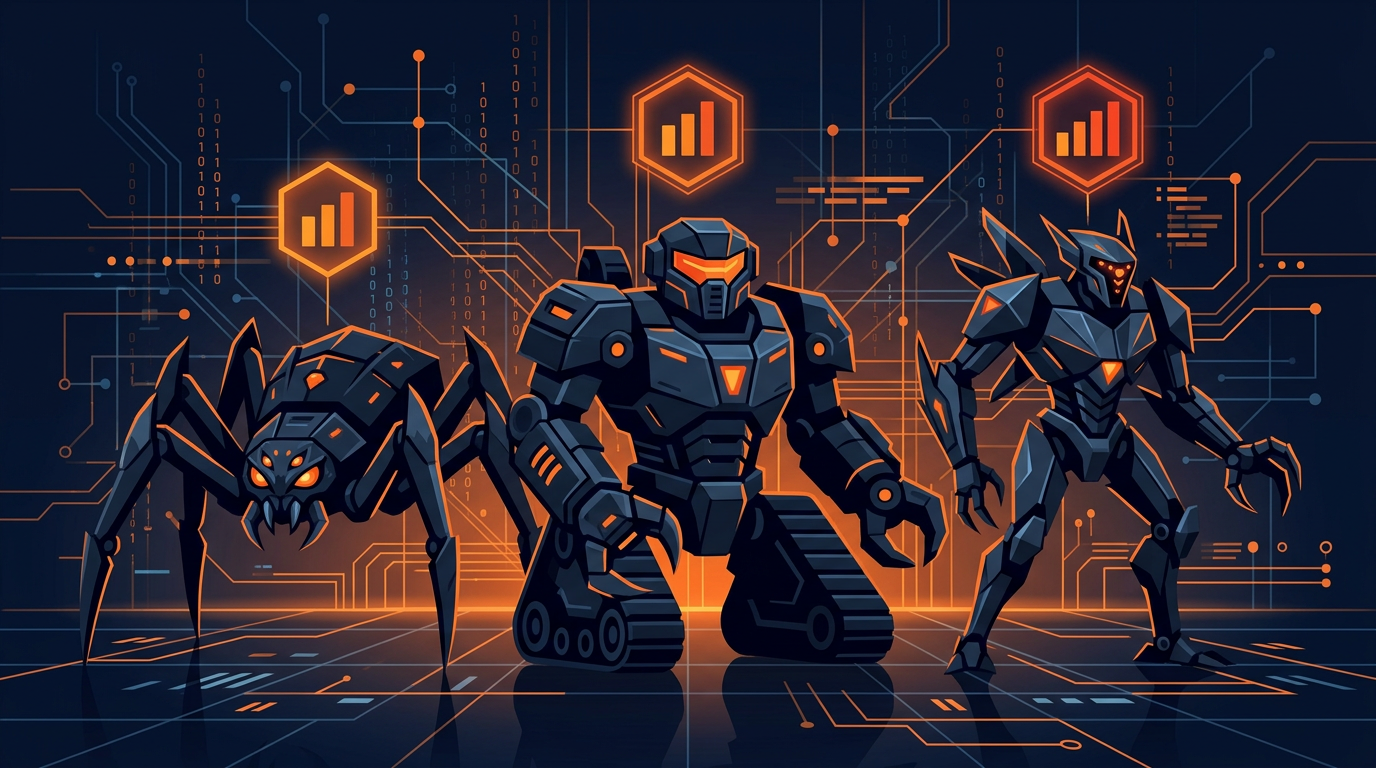 Three aggressive AI scraper bots with threat-level indicators above each