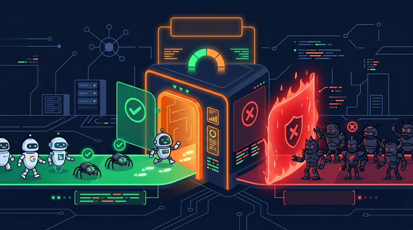 Robots.txt file acting as a gate controller with green and red access indicators