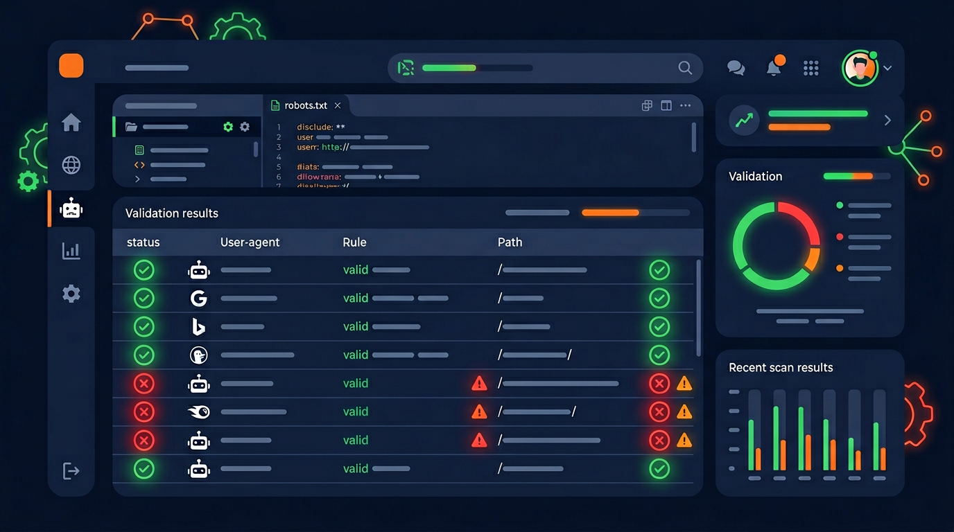 Dashboard showing robots.txt validation results with green checkmarks and red warnings for AI bot rules