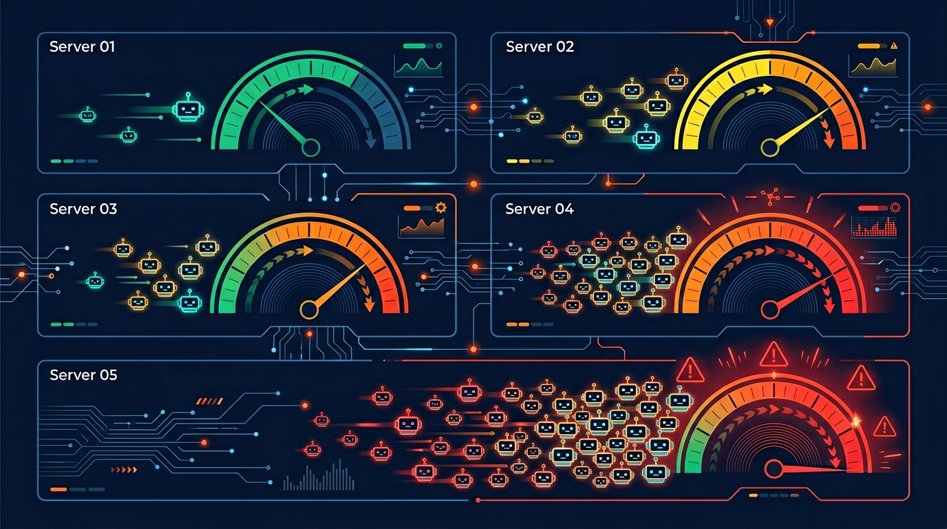 Server bandwidth meters showing AI bot traffic impact with gauges going from green to red