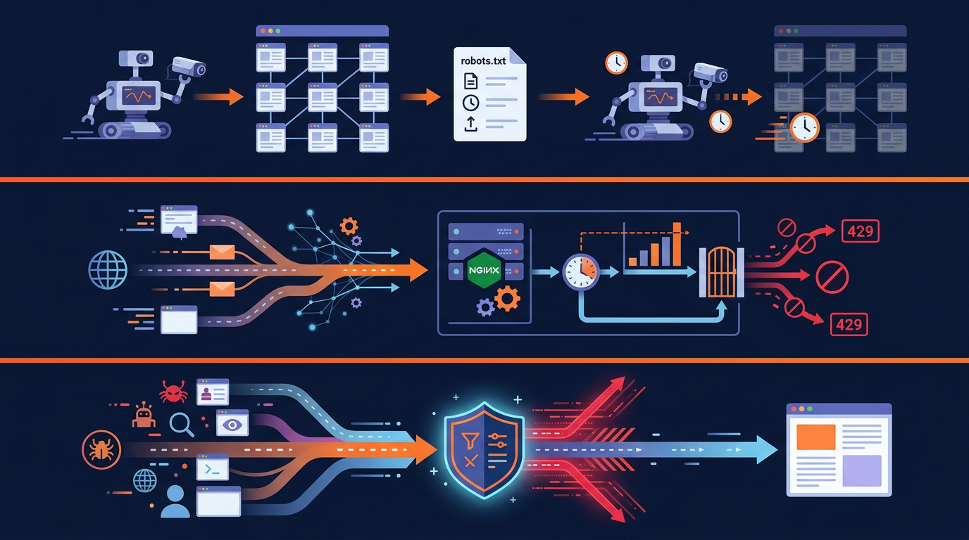 Three rate limiting strategies compared: robots.txt, nginx, and WAF-based approaches