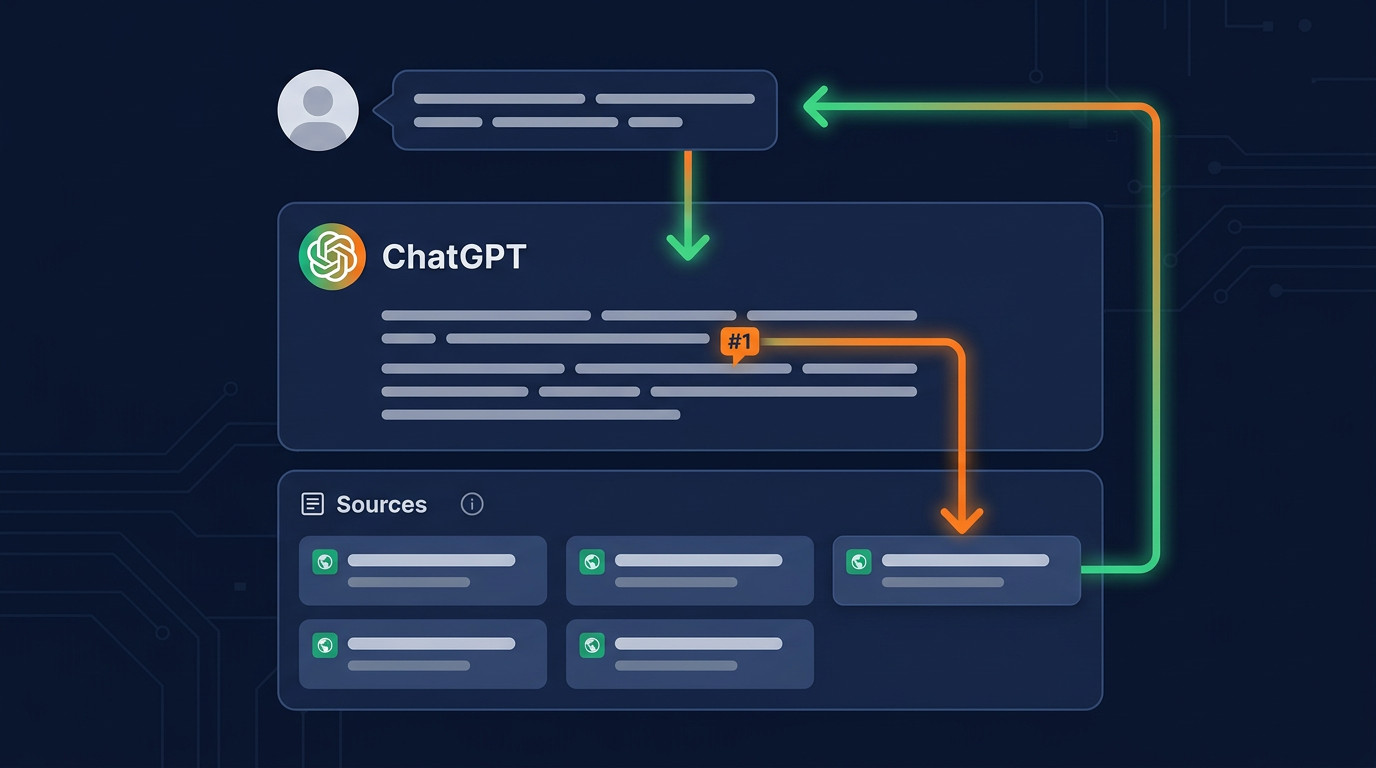 Flow diagram showing how ChatGPT search queries lead to citations linking back to source websites