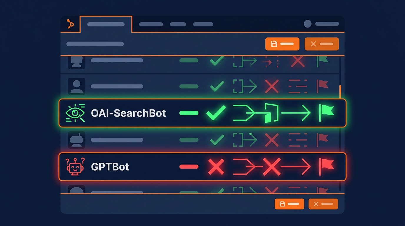 Robots.txt configuration panel showing allow rules for OAI-SearchBot and block rules for GPTBot