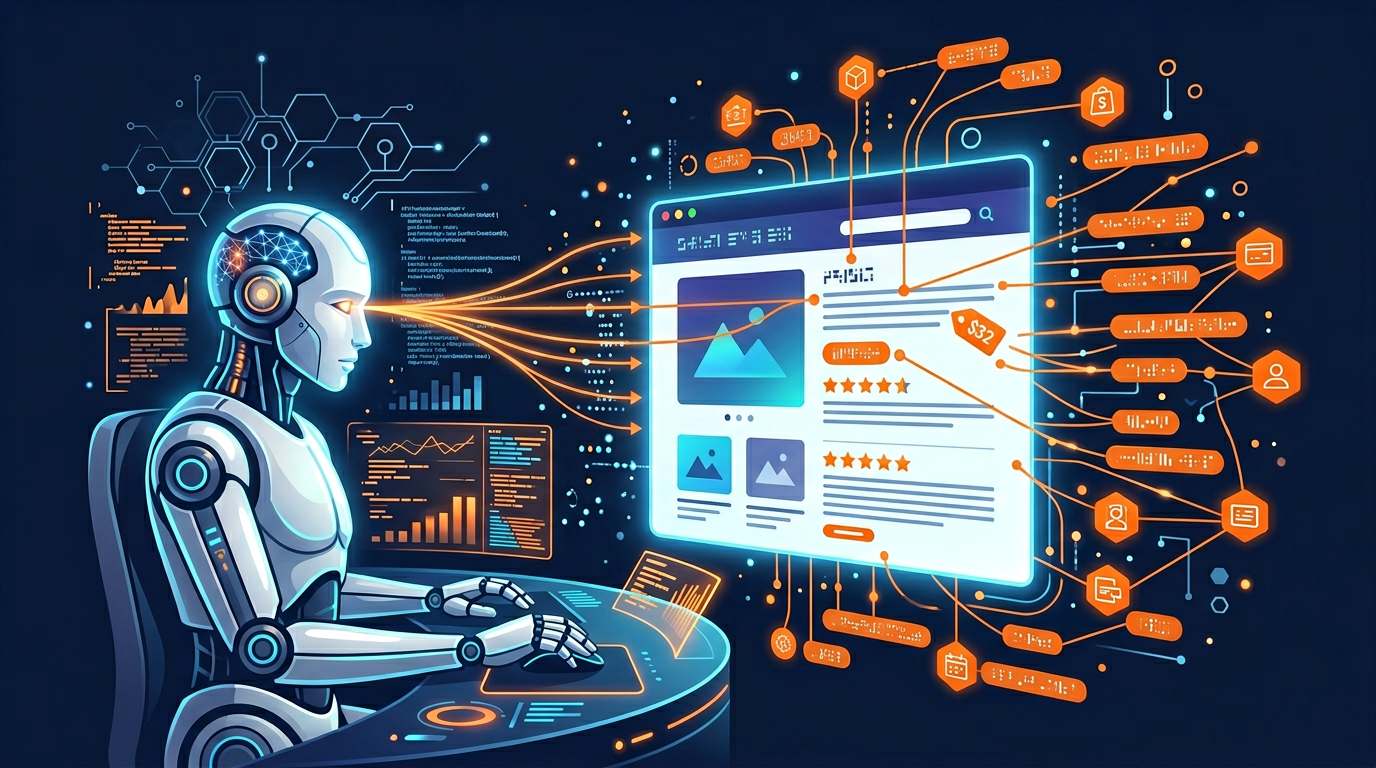 AI robot reading and understanding structured data from a website with glowing data nodes