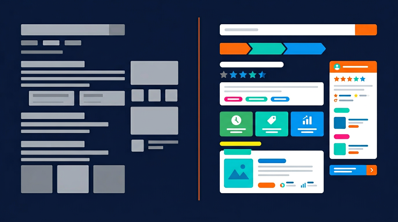 Before and after comparison of website with and without schema markup showing enhanced content