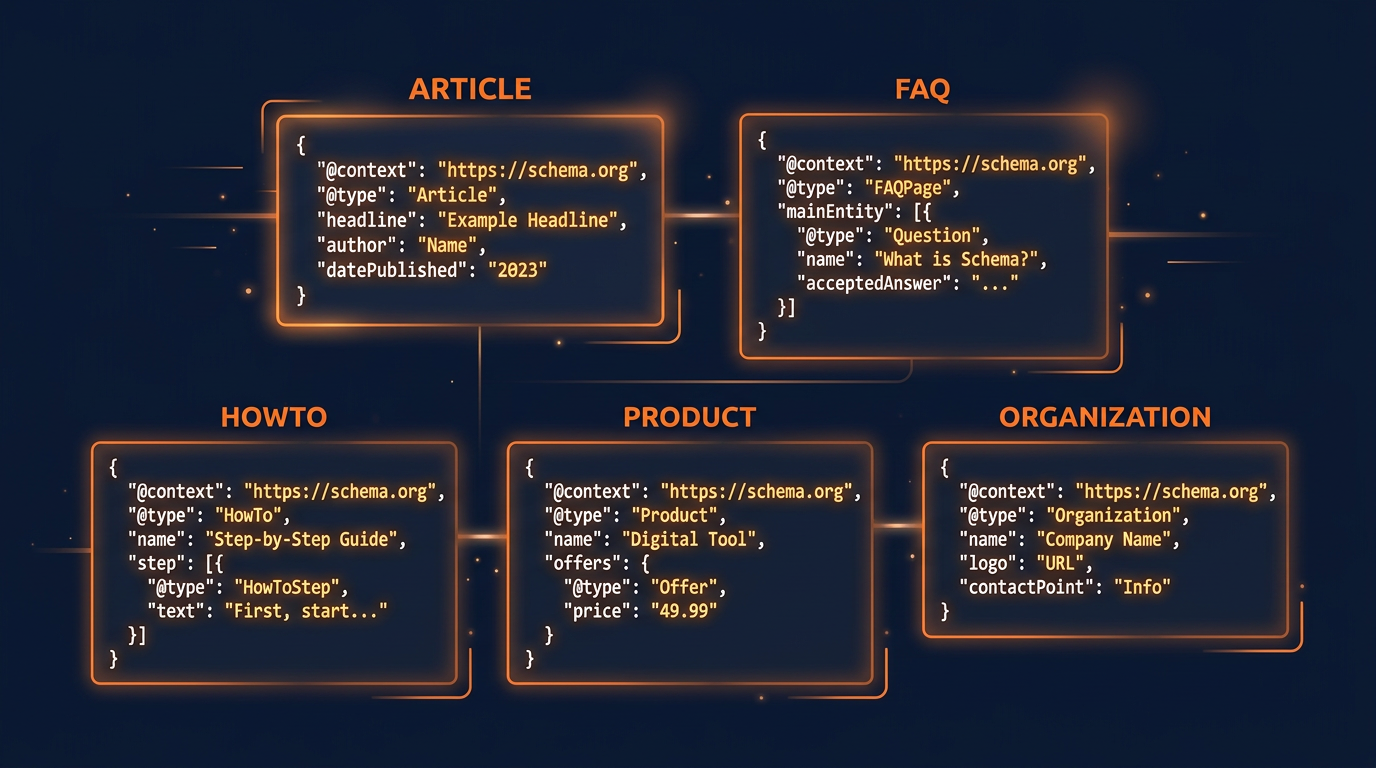 Different schema markup types as glowing JSON-LD code blocks in a grid layout