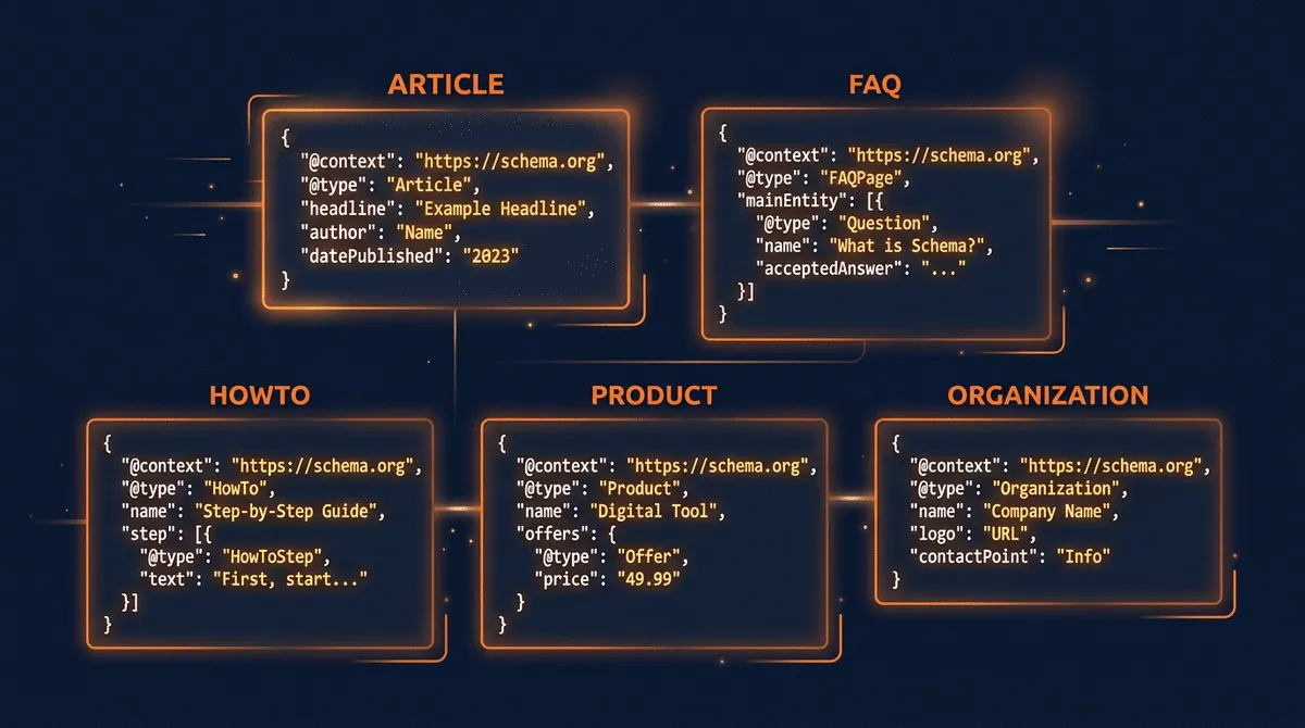 Different schema markup types as glowing JSON-LD code blocks in a grid layout