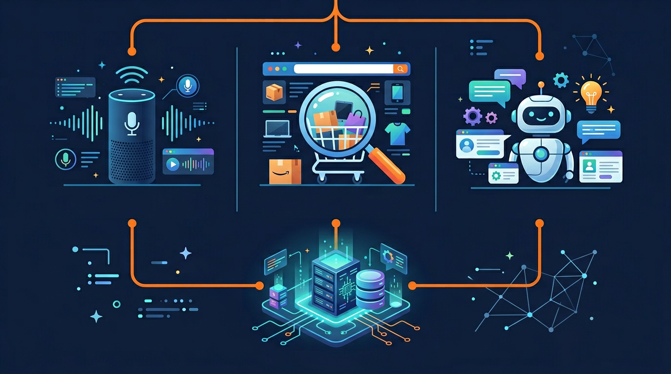 Amazon AI services ecosystem showing Alexa, Amazon search, and Rufus connected to Amazonbot data