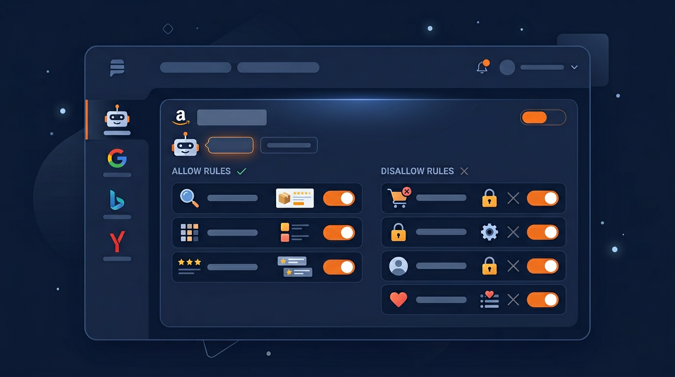 Robots.txt configuration panel showing Amazonbot access rules with allow and disallow toggles