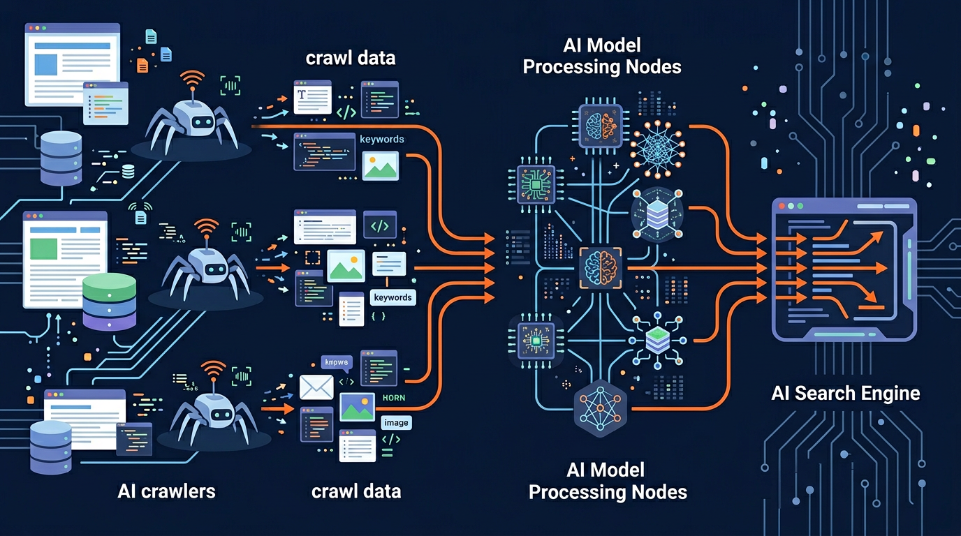 AI crawlers sending ranking signals to AI search engines through data processing nodes