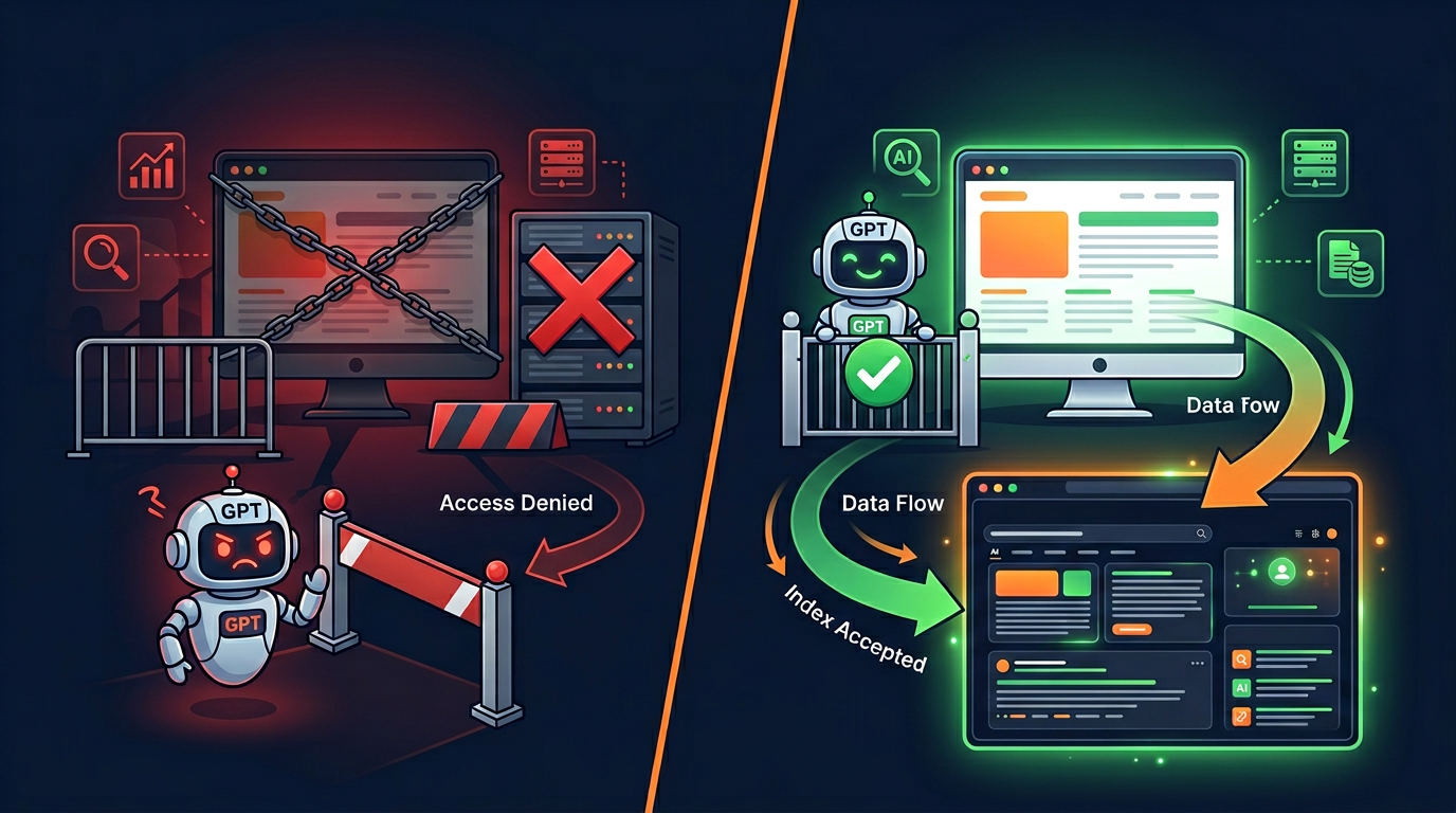 Side-by-side comparison of blocking versus allowing GPTBot for SEO