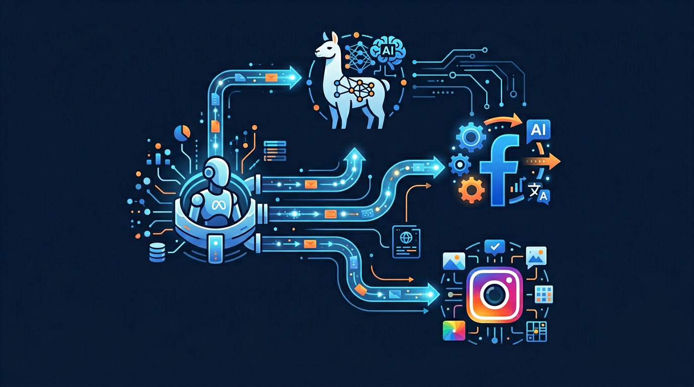 Meta AI ecosystem showing data flow from Meta-ExternalAgent to Llama models and Meta platforms