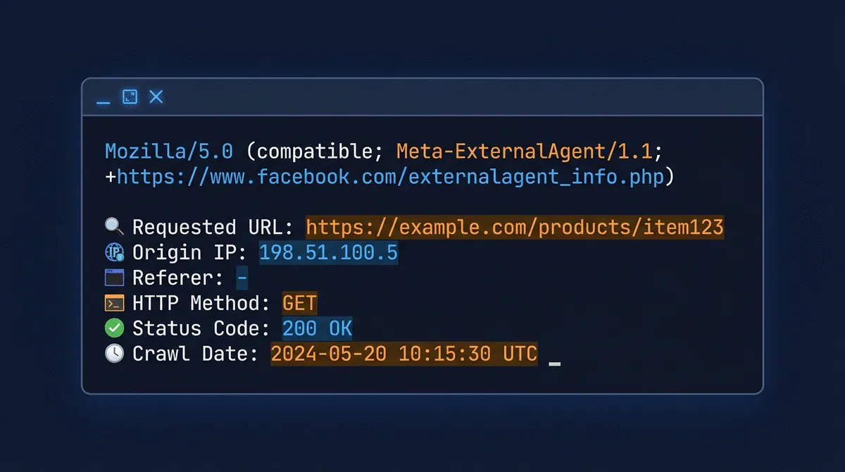 Meta-ExternalAgent crawler user agent string displayed on terminal with metadata