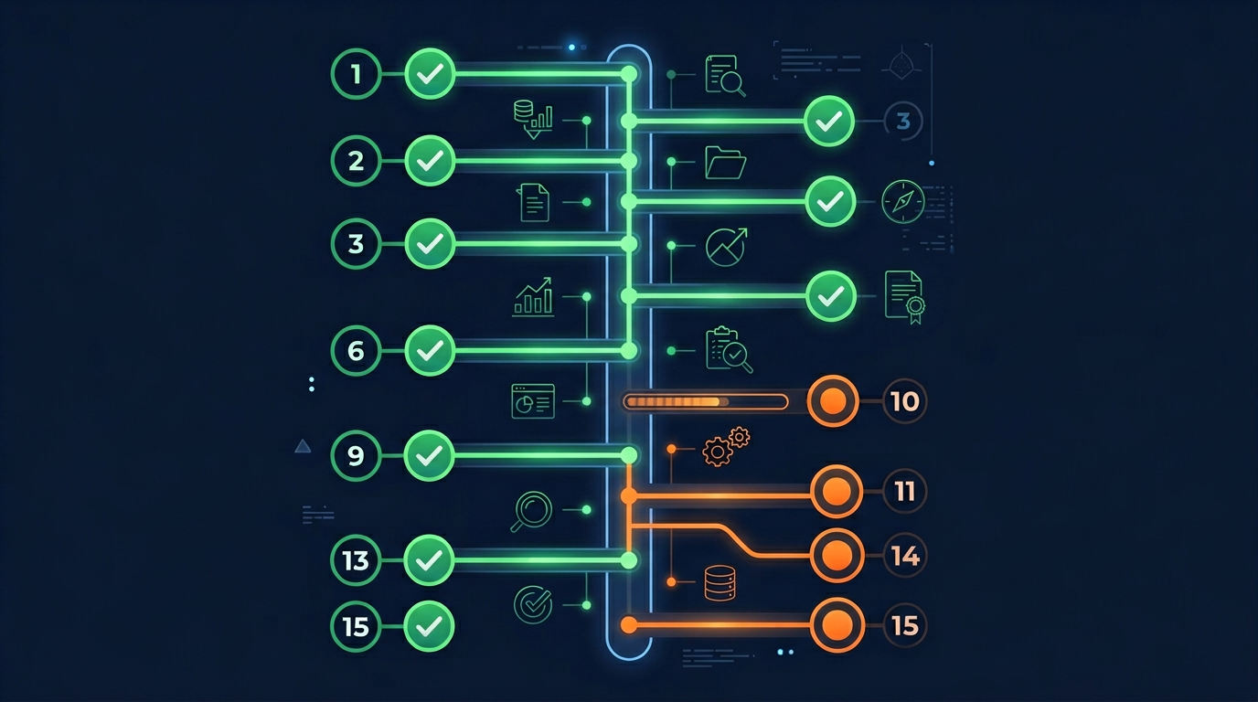 15-step audit progress tracker with completed and pending steps