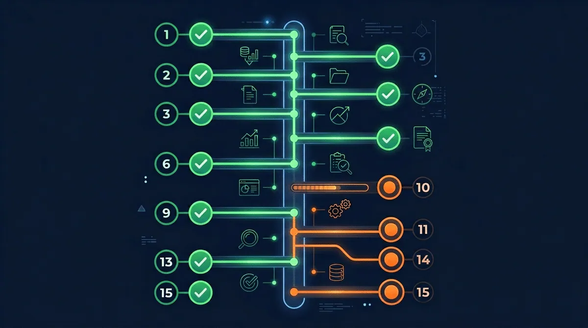 15-step audit progress tracker with completed and pending steps