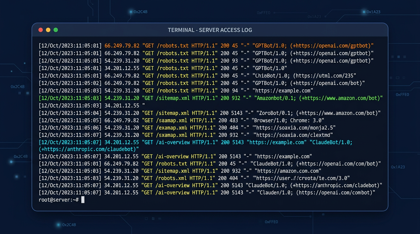 Server access log entries with AI bot user agents highlighted in different colors